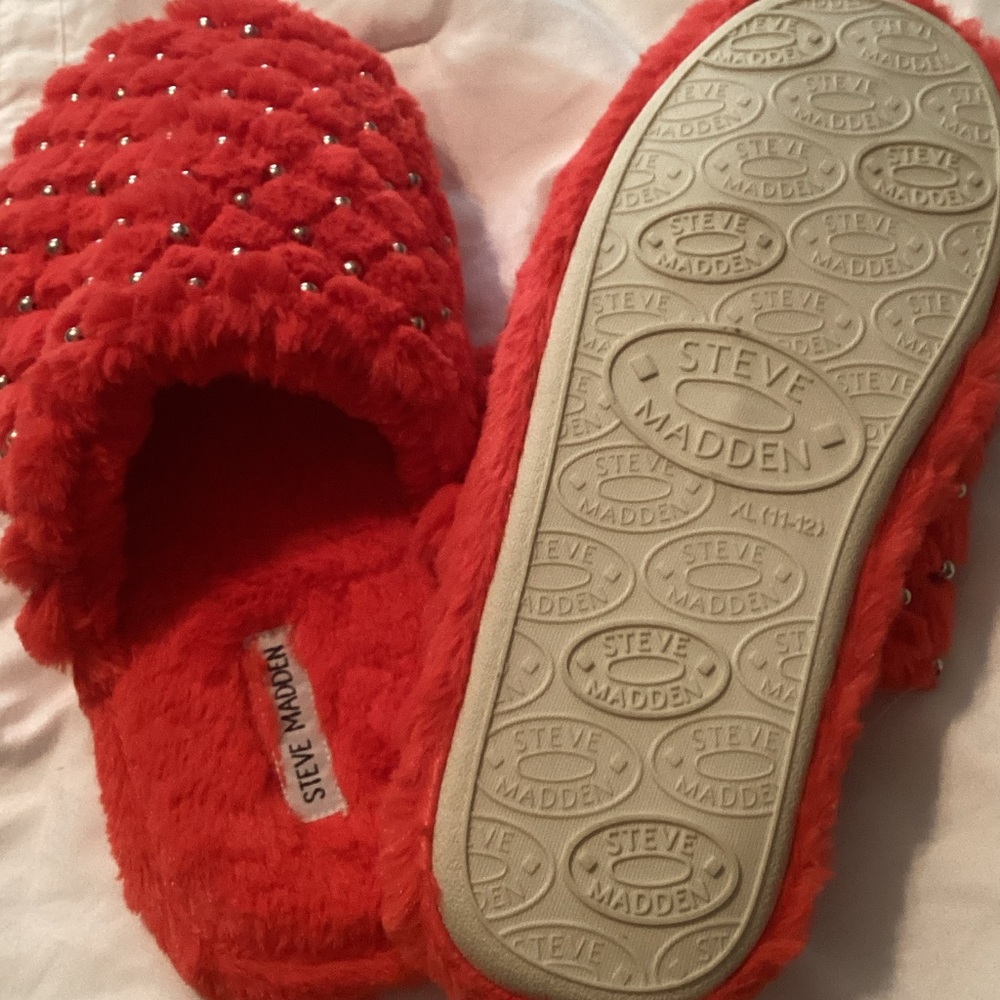 Steve Madden Red Studded Faux-Fur Slide Slippers